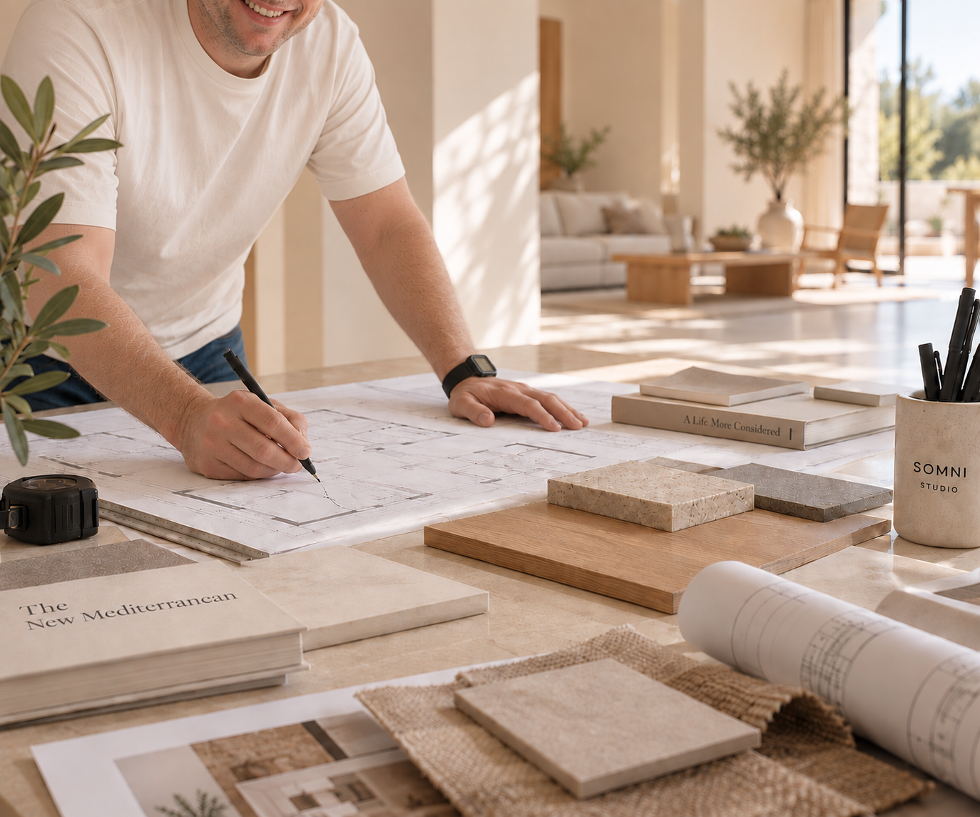 Arquitecto de Somni Studio revisando planos y muestras de materiales